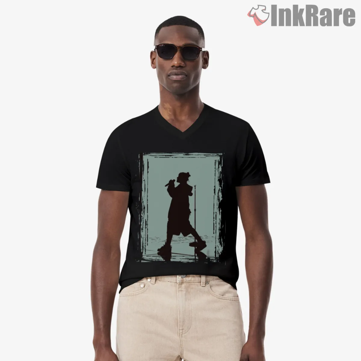 V neck black tee featuring Billie Eilish mic silhouette