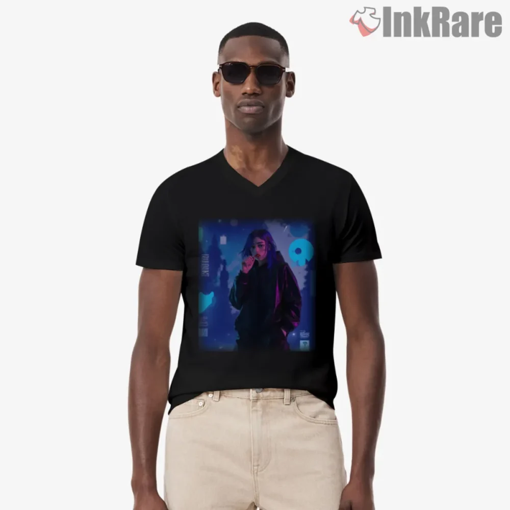 Billie Eilish Lost In Neon Thoughts Cyber Aesthetic Shirt on black V neck