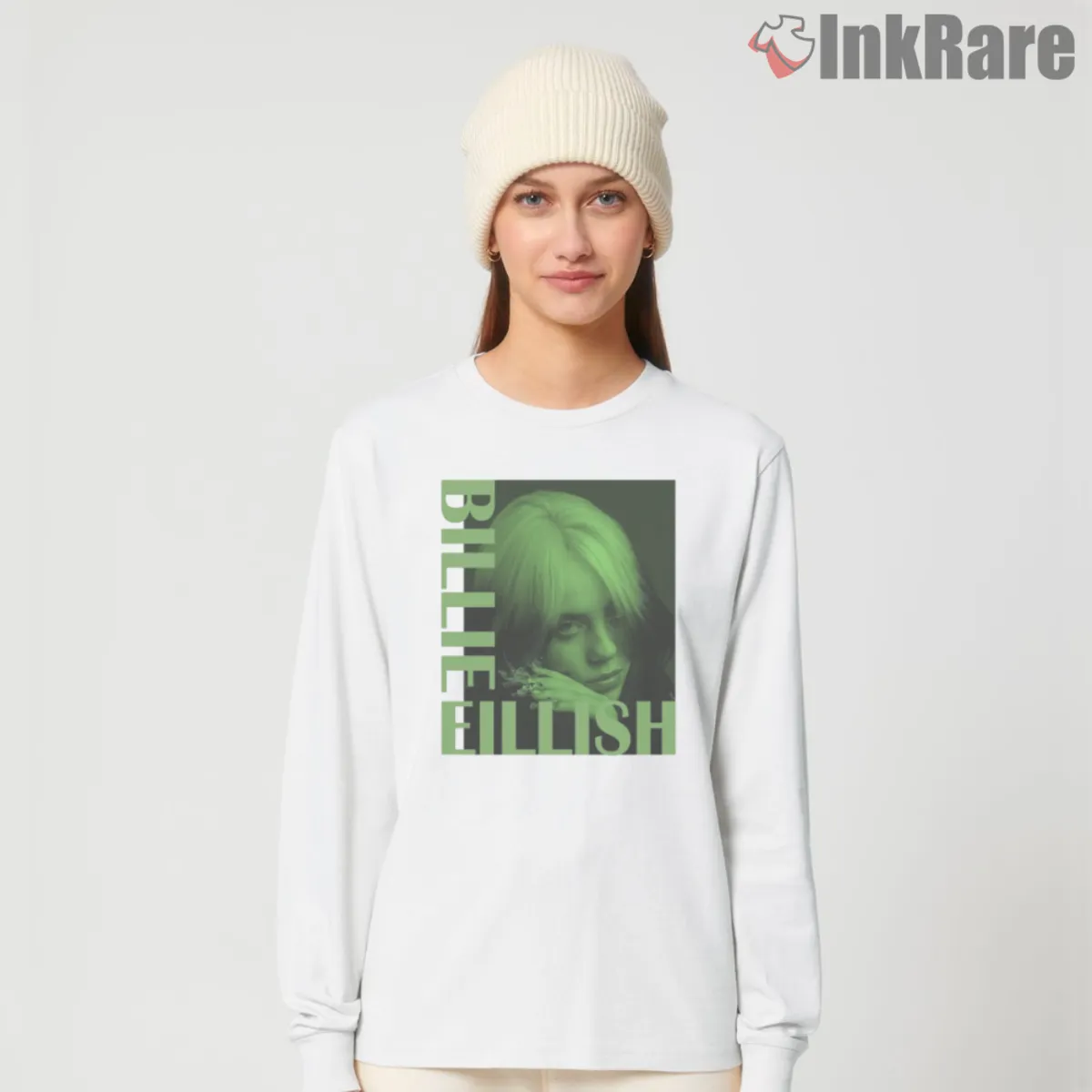 White long sleeve featuring neon green Billie Eilish closeup graphic