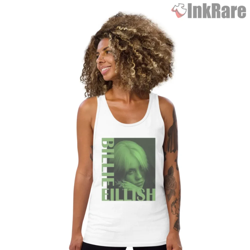Billie Eilish Monochrome Neon Green Closeup Shirt on white tank top with bold stacked text
