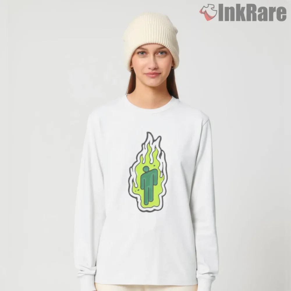 White long sleeve with neon green flame symbol graphic inspired by Billie Eilish