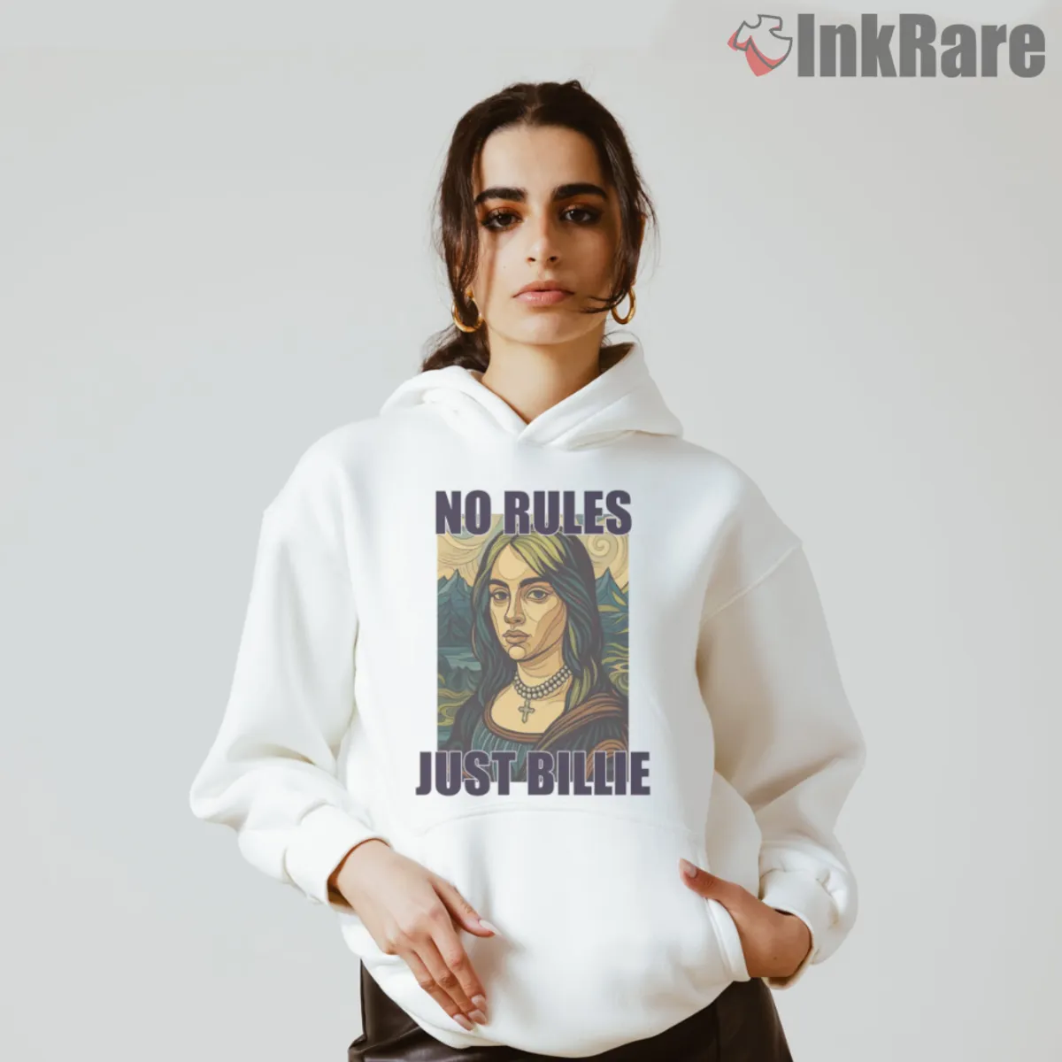White hoodie featuring Billie Eilish renaissance poster artwork
