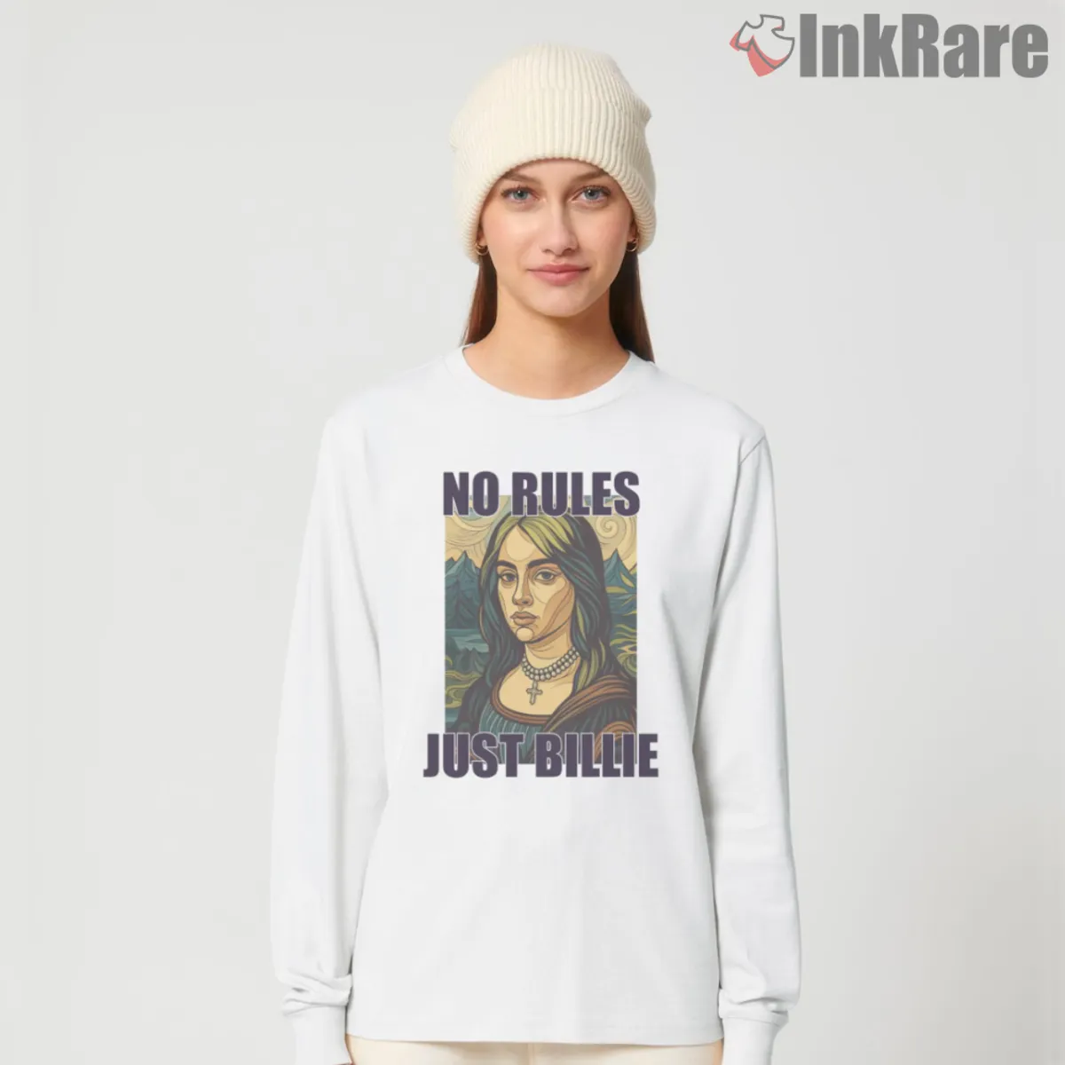 No Rules Just Billie Long Sleeve White White long sleeve tee with Billie Eilish renaissance style print