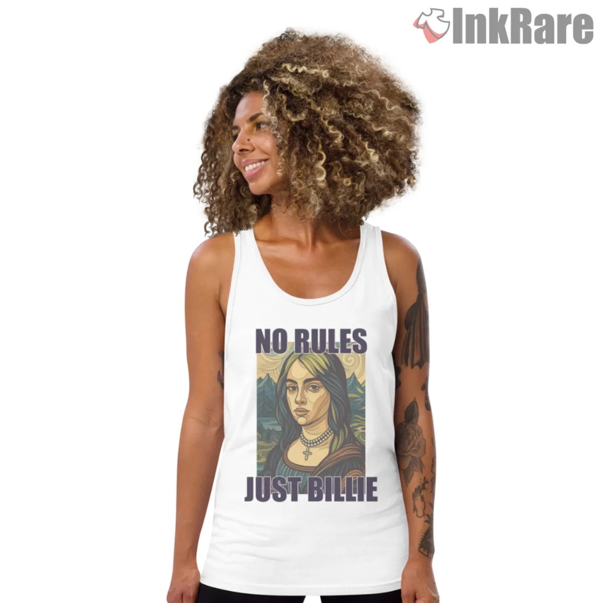 No Rules Just Billie Tank Top White White tank top with Billie Eilish poster inspired art