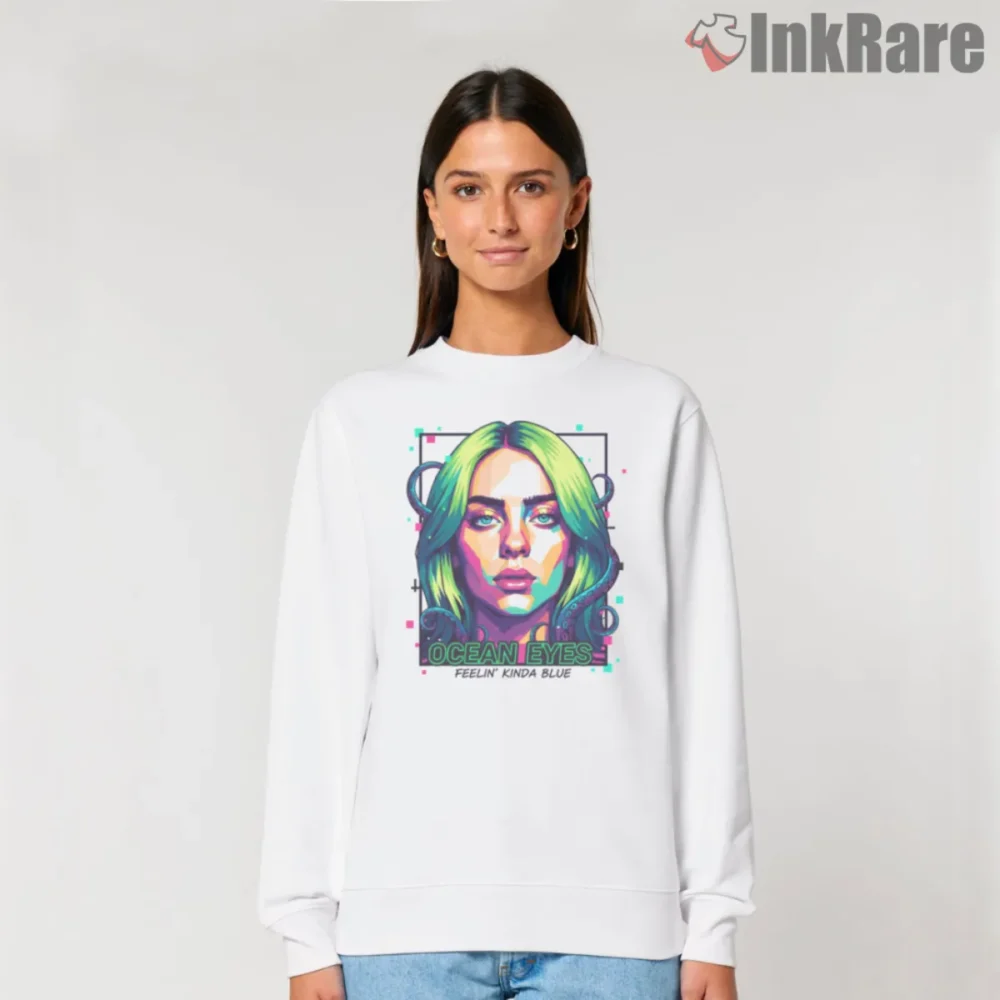 Billie Eilish Ocean Eyes Geometric Pop Portrait Shirt on white sweatshirt with neon blocks and tentacle accents