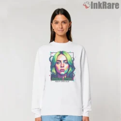 Billie Eilish Ocean Eyes Geometric Pop Portrait Shirt on white sweatshirt with neon blocks and tentacle accents