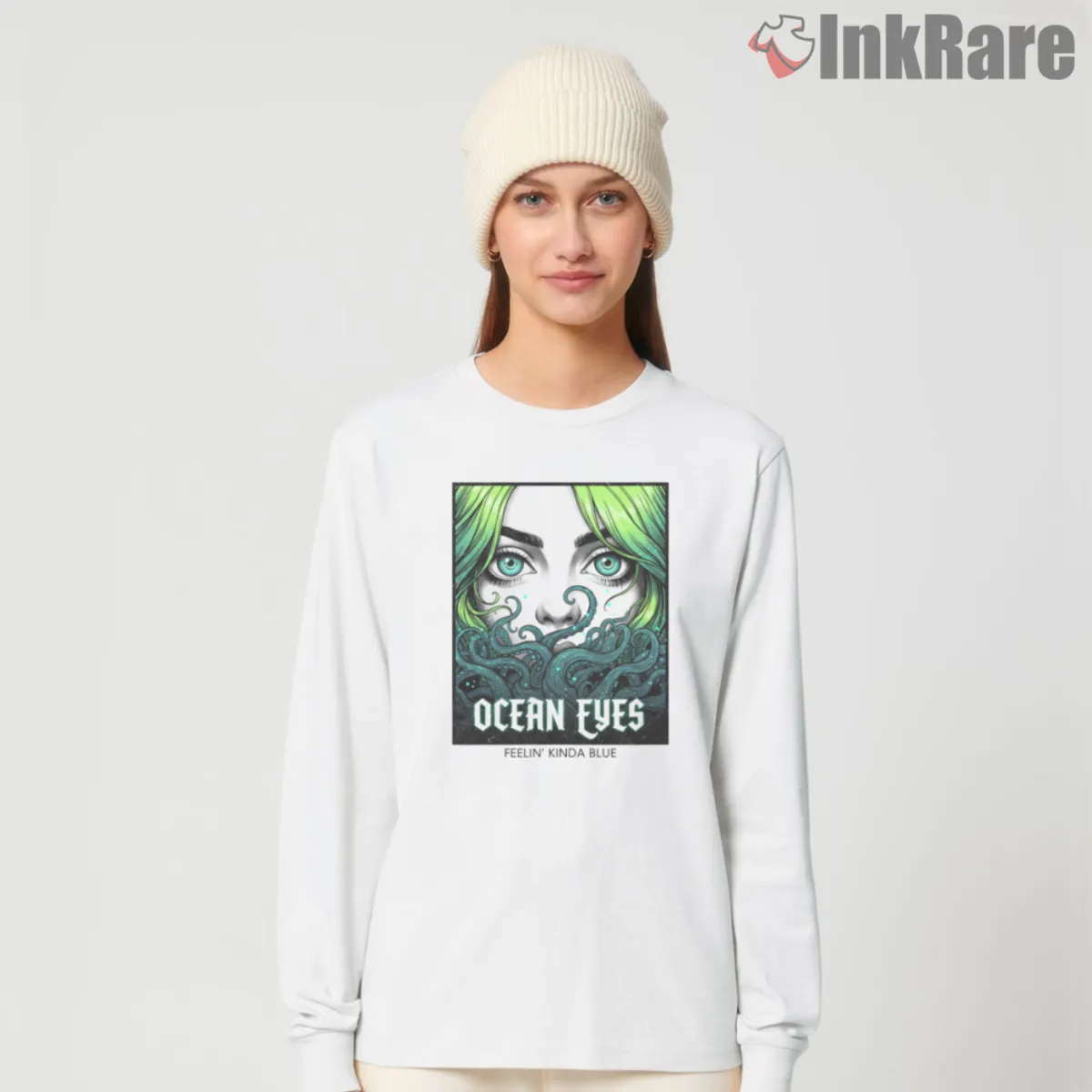 White long sleeve featuring Ocean Eyes nautical poster art