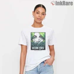 White short sleeve tee with Ocean Eyes nautical tentacle poster inspired graphic