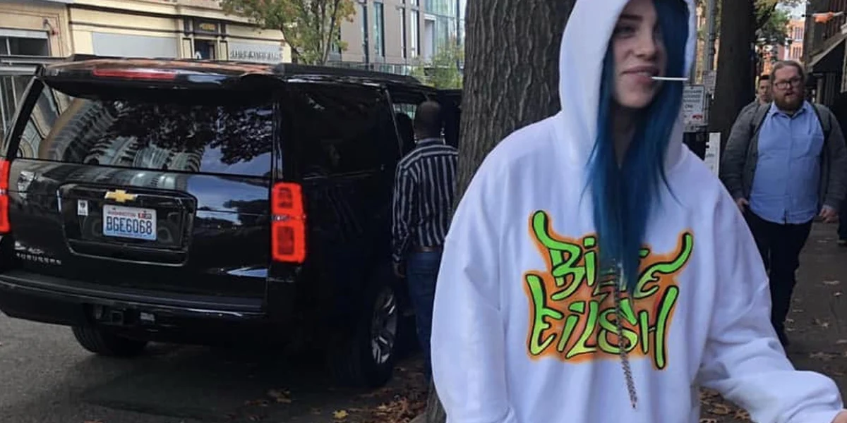 Billie Eilish wearing an oversized hoodie and casual streetwear during her early breakout years