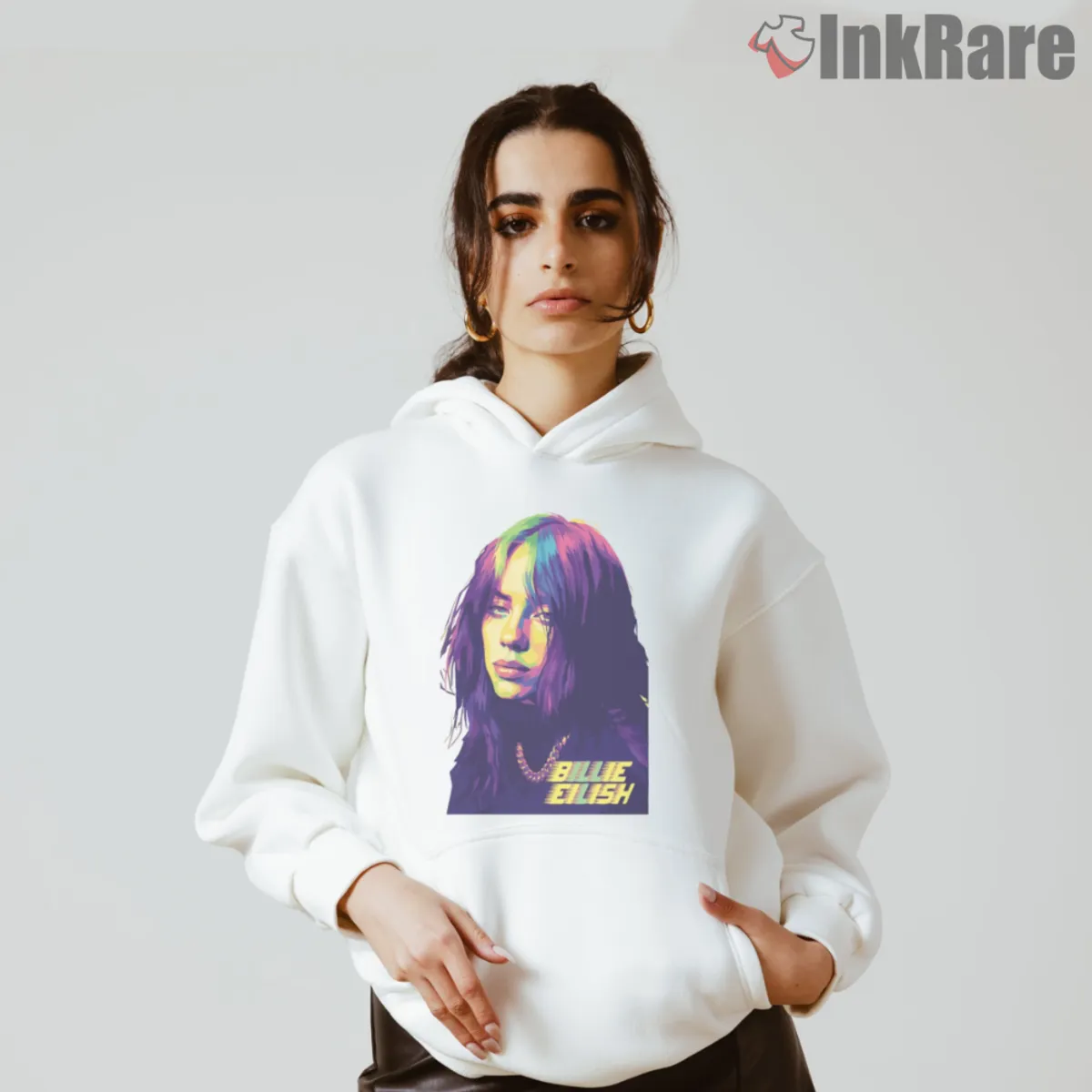 White hoodie featuring Billie Eilish pop art duotone glow portrait