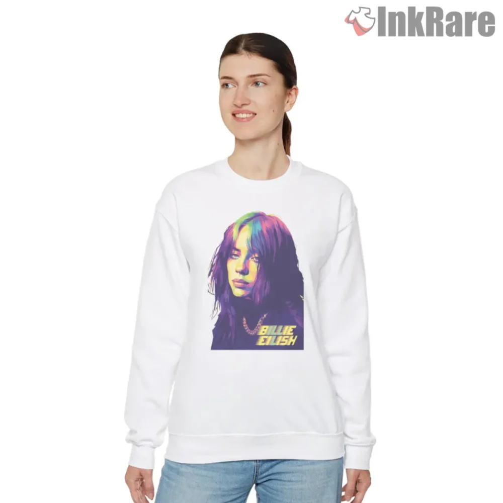 Billie Eilish Pop Art Duotone Glow Portrait Shirt printed on a white sweatshirt with neon tones