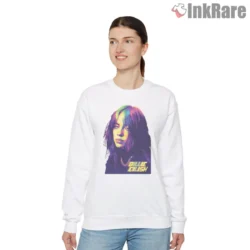 Billie Eilish Pop Art Duotone Glow Portrait Shirt printed on a white sweatshirt with neon tones