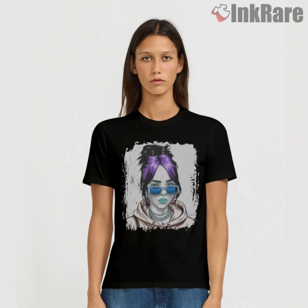 Black short sleeve with Billie Eilish portrait purple hair and blue sunglasses