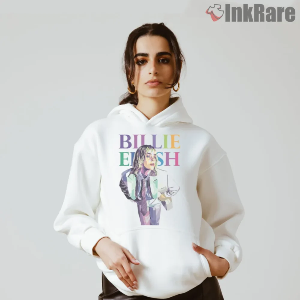 White hoodie with Billie Eilish rainbow letter pop art portrait graphic