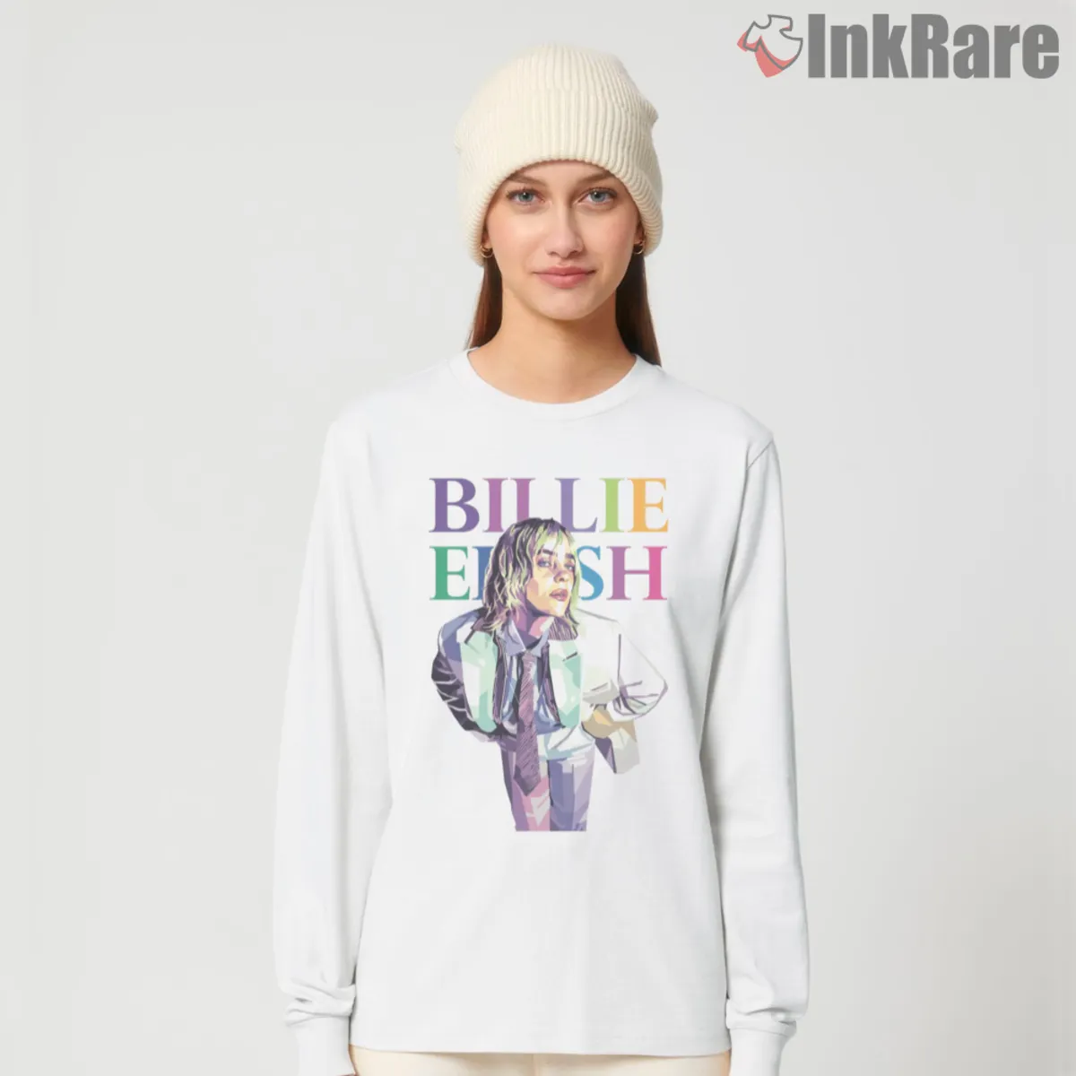 White long sleeve featuring rainbow letter pop art portrait