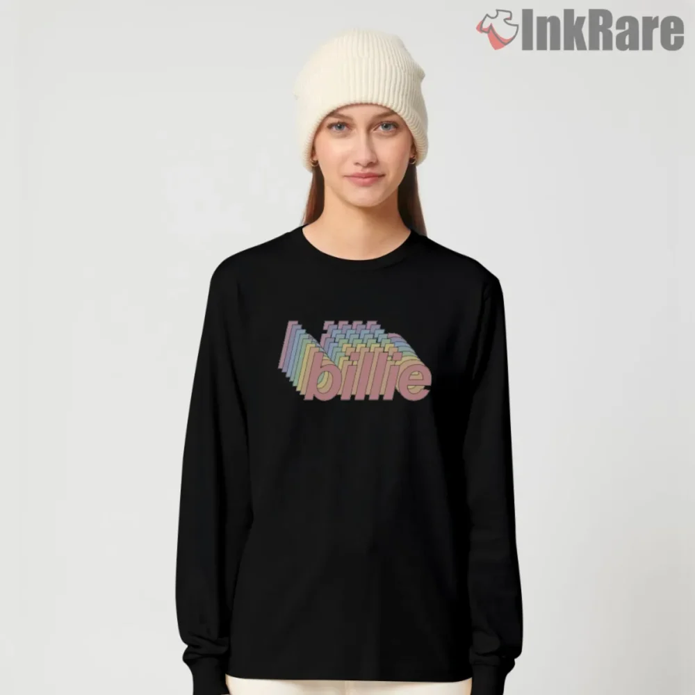 Billie Eilish Rainbow Stacked Pastel Logo Shirt on black long sleeve