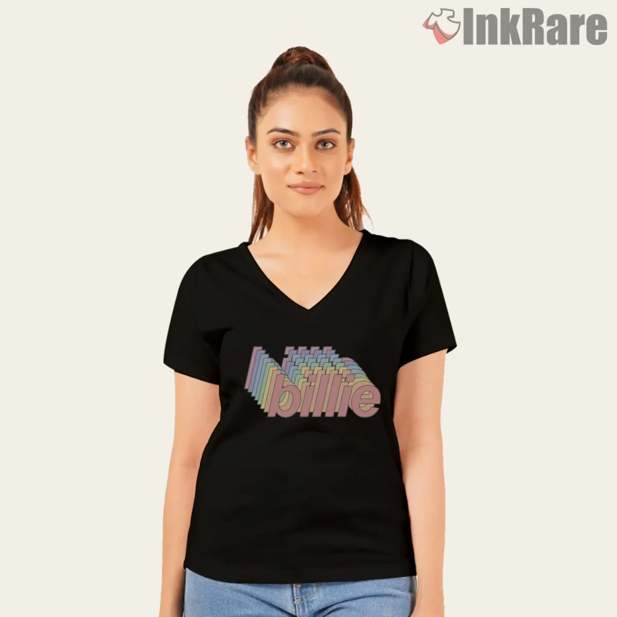 Rainbow Stacked Pastel Logo V Neck Black Black V neck tee with rainbow stacked Billie logo artwork