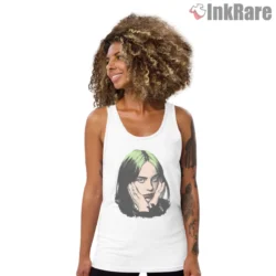 White tank top with Billie Eilish retro halftone portrait graphic