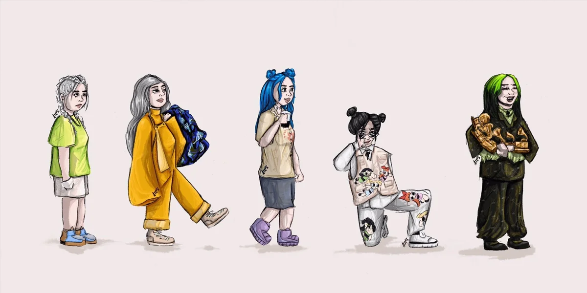 Illustrated timeline showing Billie Eilish’s changing style and image across different eras