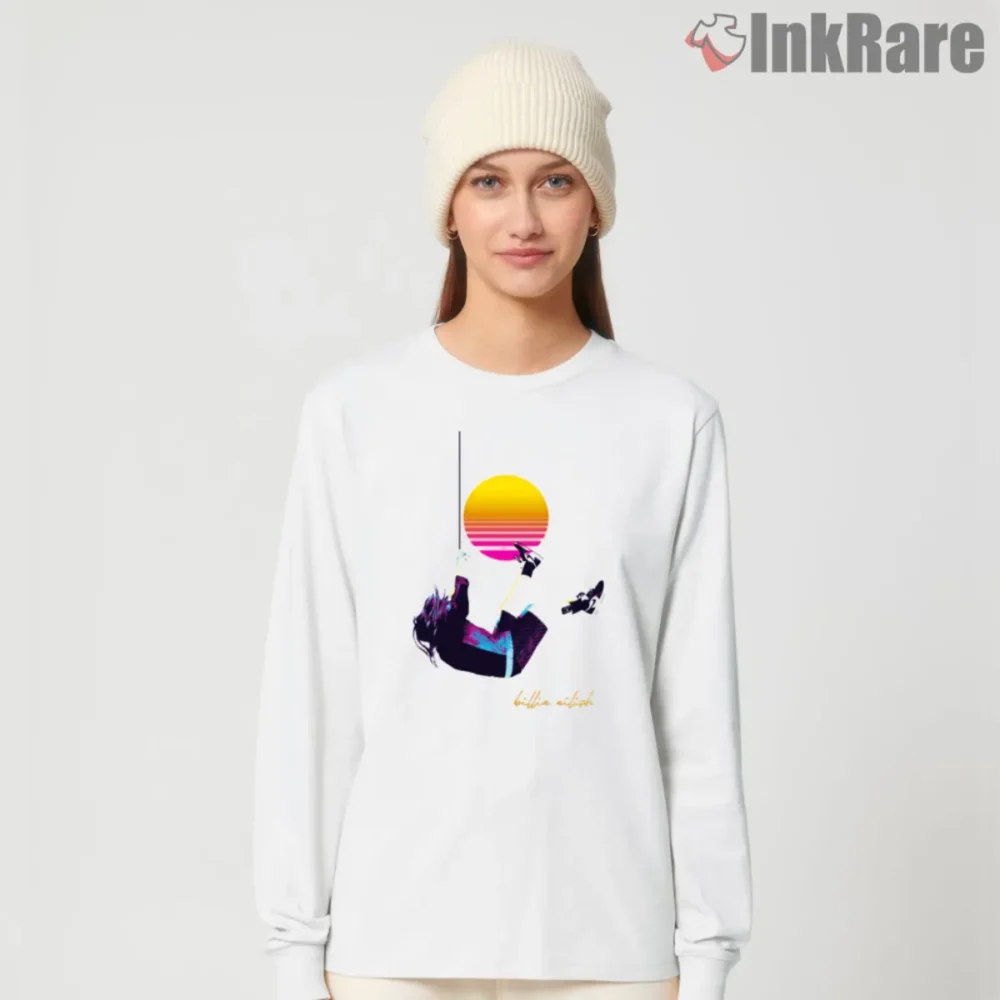Billie Eilish Vaporwave Sunset Skater Poster Shirt on white long sleeve with retro sun graphic