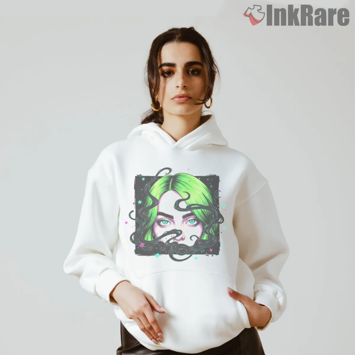White hoodie featuring Billie Eilish dreamy closeup graphic