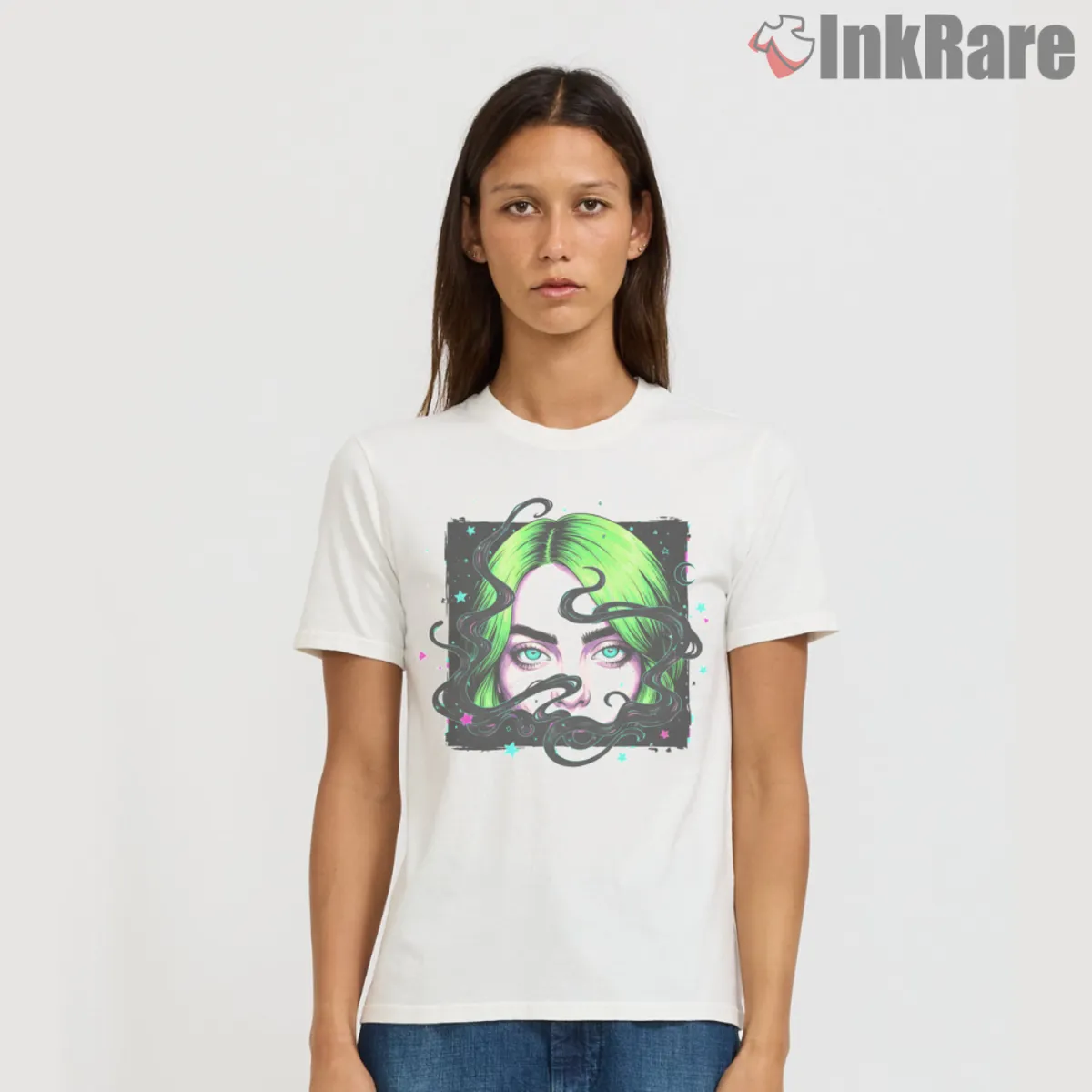 Dreamy Closeup Short Sleeve White Short sleeve tee with green hair closeup and star accents