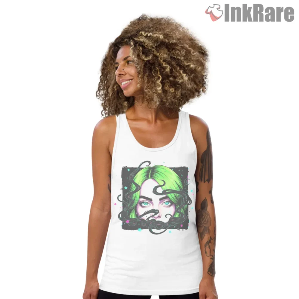 Billie Eilish When We All Fall Asleep Dreamy Closeup Shirt on white tank top with teal and pink stars