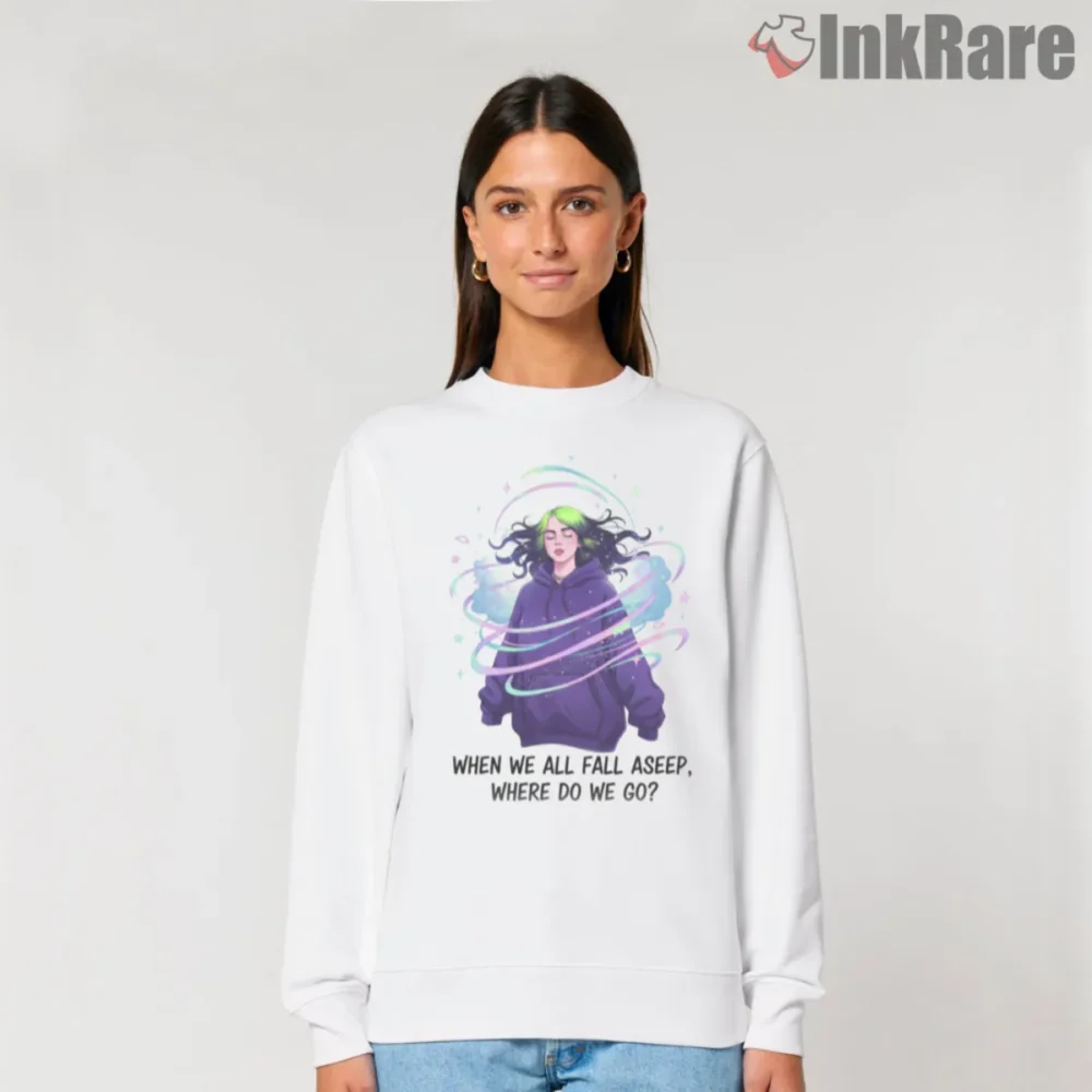 Billie Eilish When We All Fall Asleep Floating Illustration Shirt on white sweatshirt with pastel swirls and caption