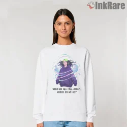 Billie Eilish When We All Fall Asleep Floating Illustration Shirt on white sweatshirt with pastel swirls and caption