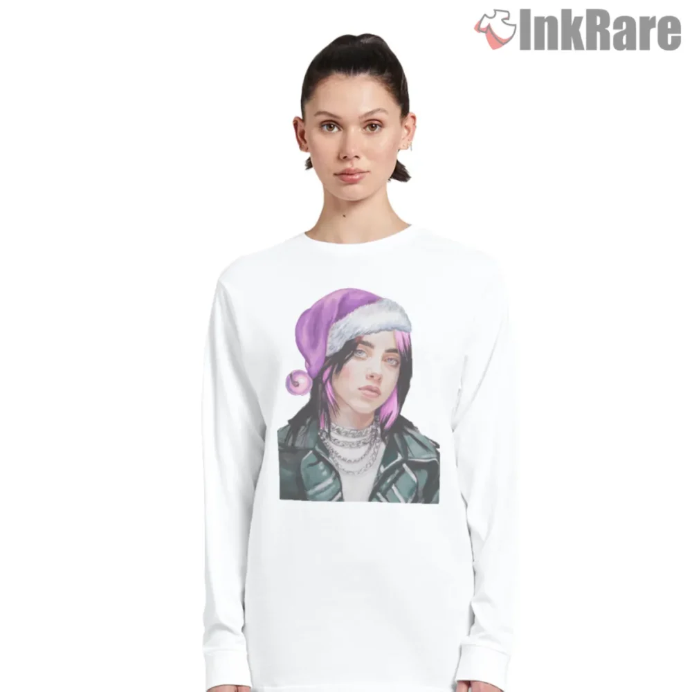 Billie Eilish Winter Beanie Christmas Portrait Shirt on white women long sleeve