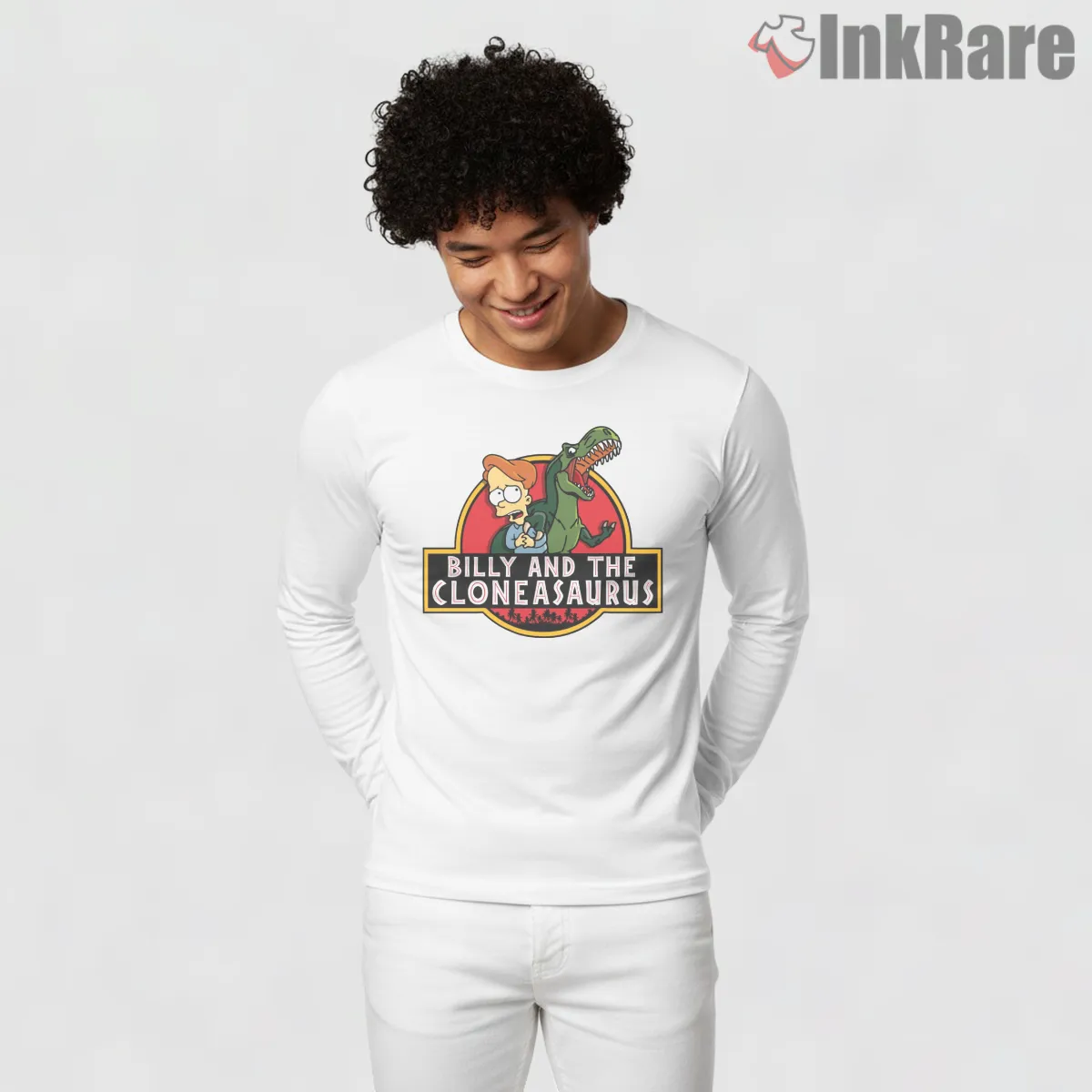 Billy And The Cloneasaurus Jurassic Park Parody Long Sleeve White Billy And The Cloneasaurus Jurassic Park Parody Shirt on white long sleeve shirt for men graphic tee