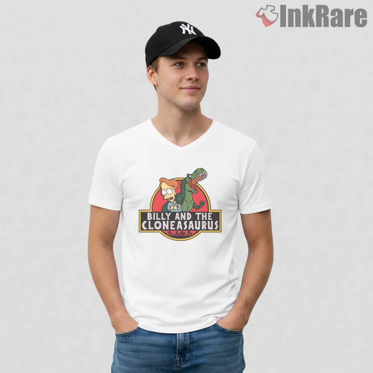 Billy And The Cloneasaurus Jurassic Park Parody V Neck White Billy And The Cloneasaurus Jurassic Park Parody Shirt on white v-neck shirt for men graphic tee