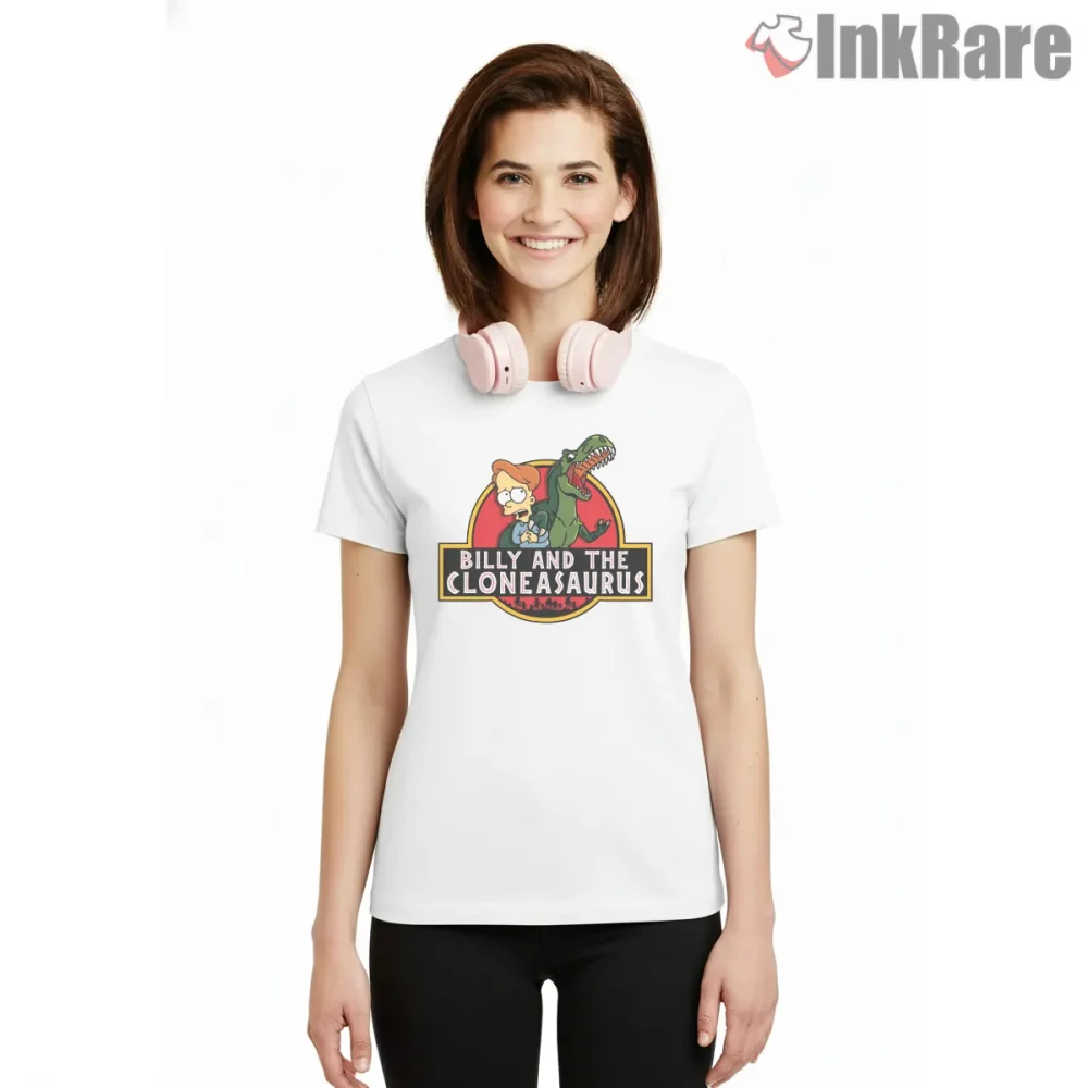 Billy And The Cloneasaurus Jurassic Park Parody Shirt on white short sleeve shirt for women graphic tee