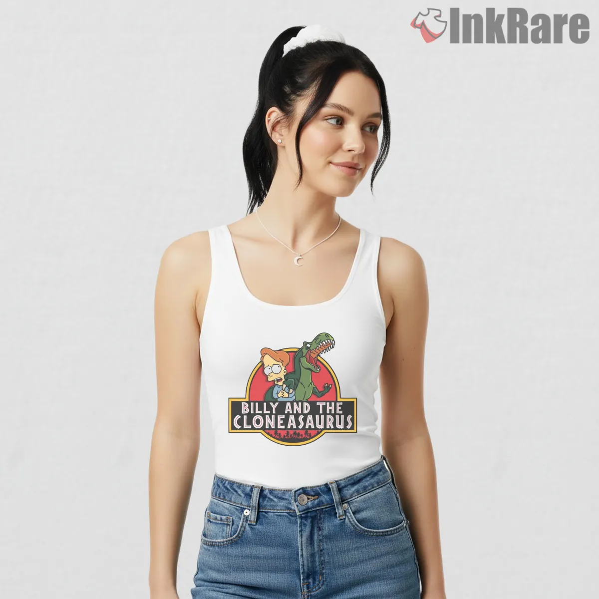 Billy And The Cloneasaurus Jurassic Park Parody Tank Top White Billy And The Cloneasaurus Jurassic Park Parody Shirt on white tank top for women graphic tee