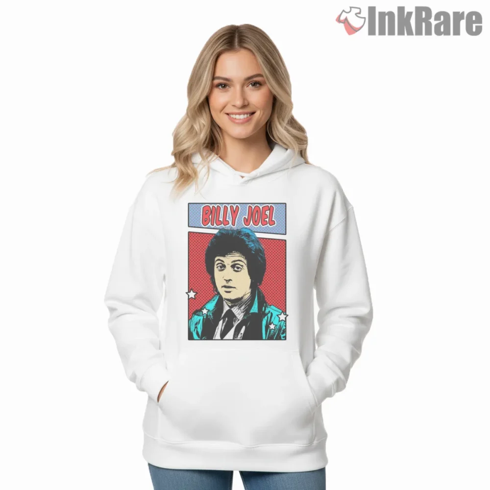 Billy Joel 80s Pop Art Comic Portrait Shirt on white hoodie for women graphic tee