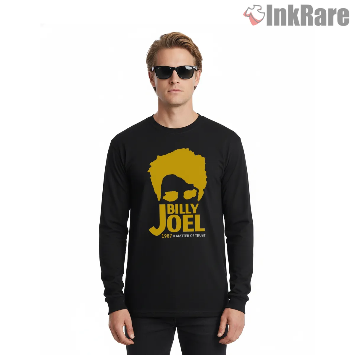 Billy Joel A Matter Of Trust Yellow Silhouette Long Sleeve Black Billy Joel A Matter Of Trust Yellow Silhouette Shirt on black long sleeve shirt for men graphic tee
