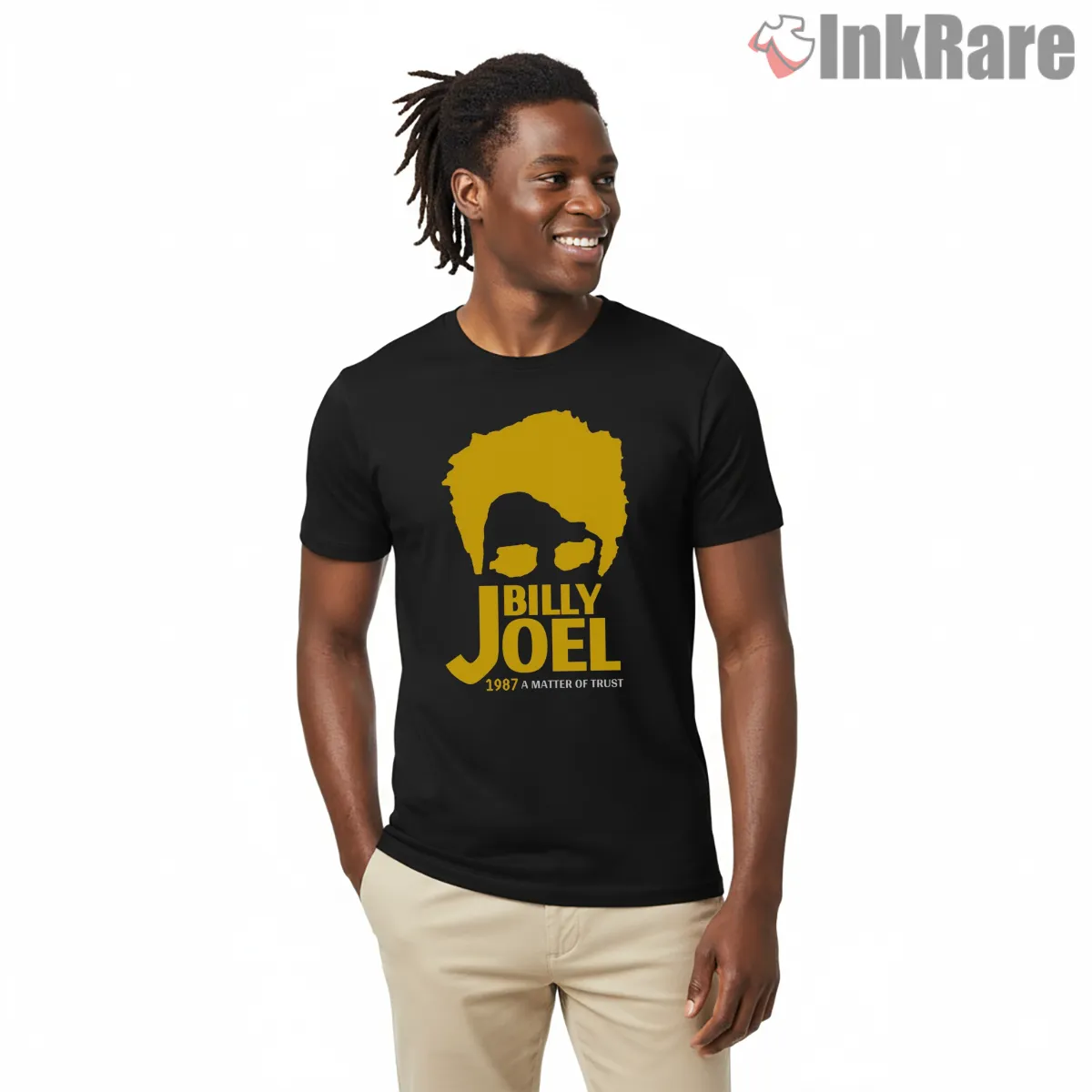 Billy Joel A Matter Of Trust Yellow Silhouette Short Sleeve Black Billy Joel A Matter Of Trust Yellow Silhouette Shirt on black short sleeve shirt for men graphic tee