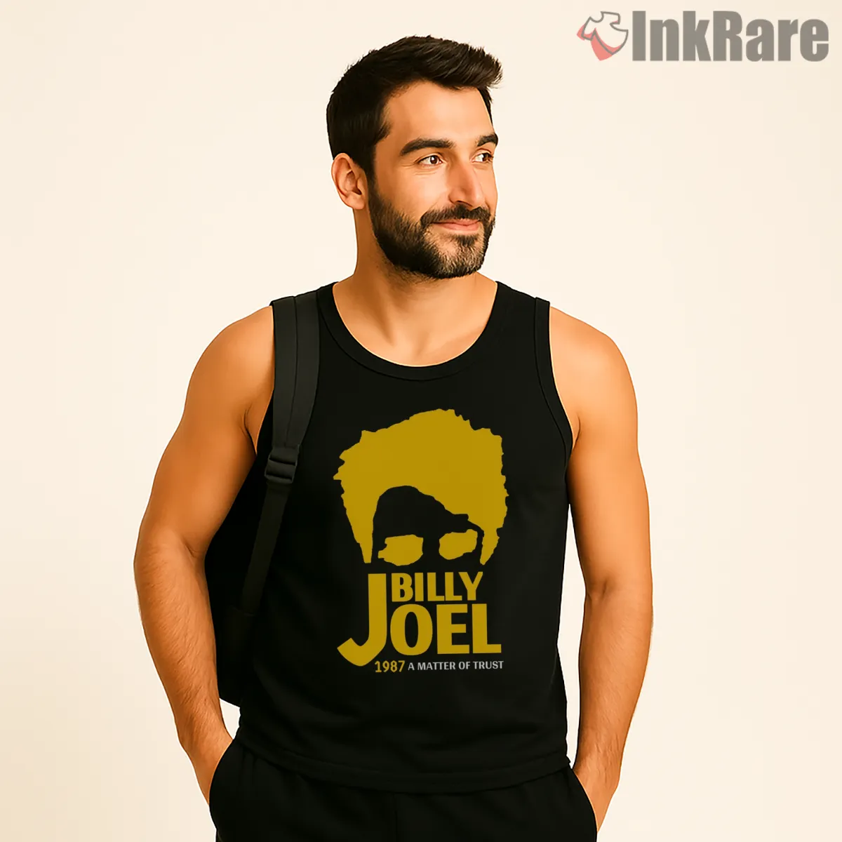 Billy Joel A Matter Of Trust Yellow Silhouette Tank Top Black Billy Joel A Matter Of Trust Yellow Silhouette Shirt on black tank top for men graphic tee