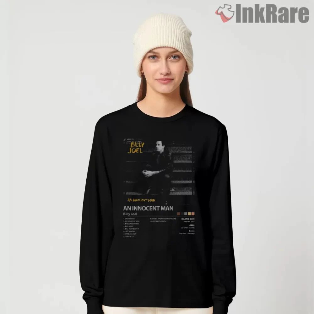 Billy Joel An Innocent Man Album Tracklist Shirt on black long sleeve shirt for women graphic tee
