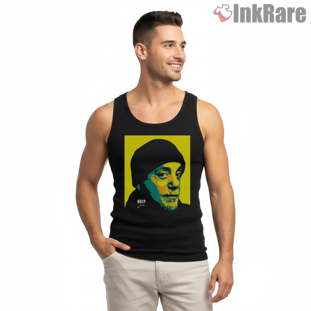 Billy Joel Beanie Pop Art Portrait Shirt on black tank top for men graphic tee
