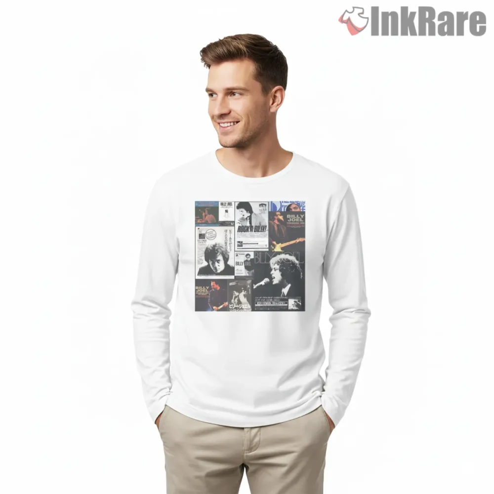 Billy Joel Big In Japan Retro Collage Shirt on white long sleeve shirt for men graphic tee