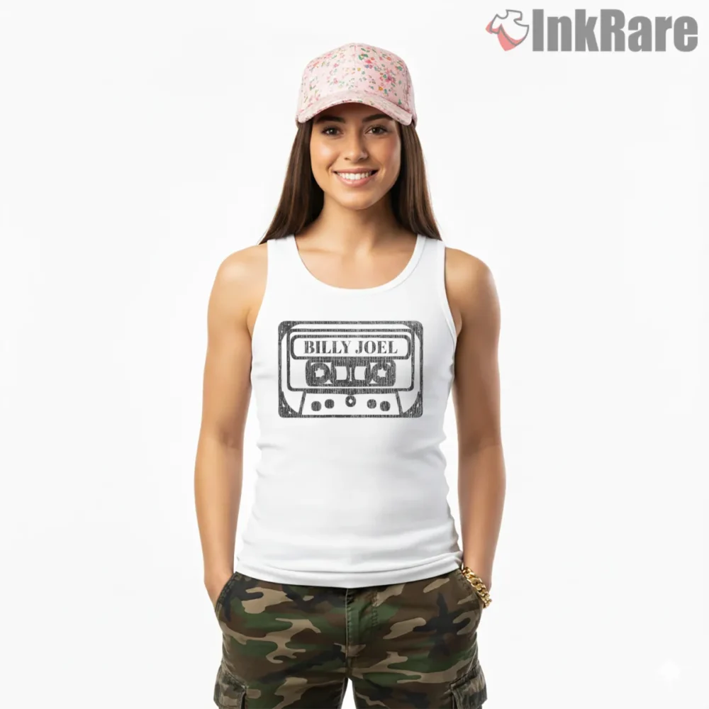 Billy Joel Classic Cassette Tape Minimal Retro Shirt on white tank top for women graphic tee