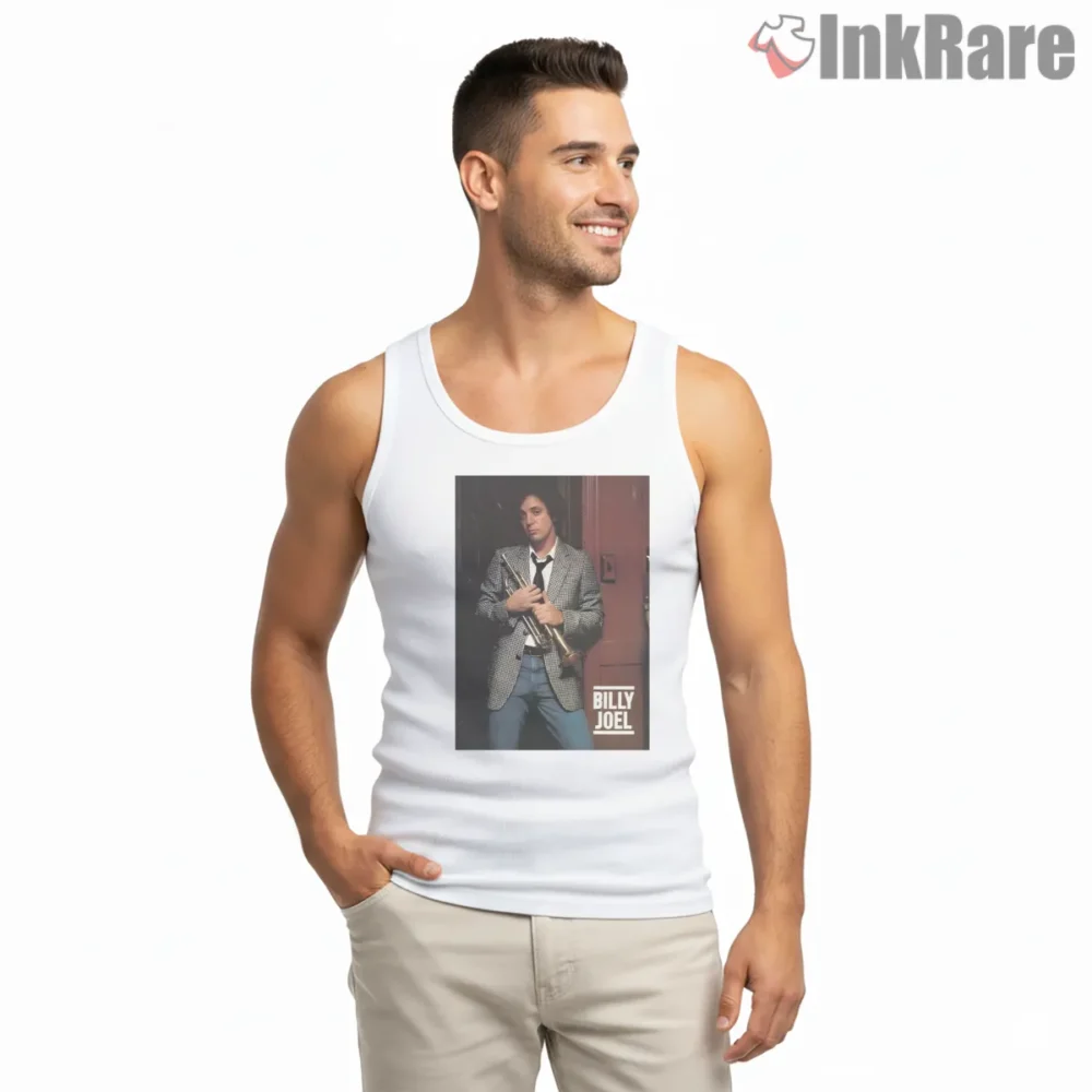 Billy Joel Classic Portrait Performance Photo Shirt on white tank top for men graphic tee