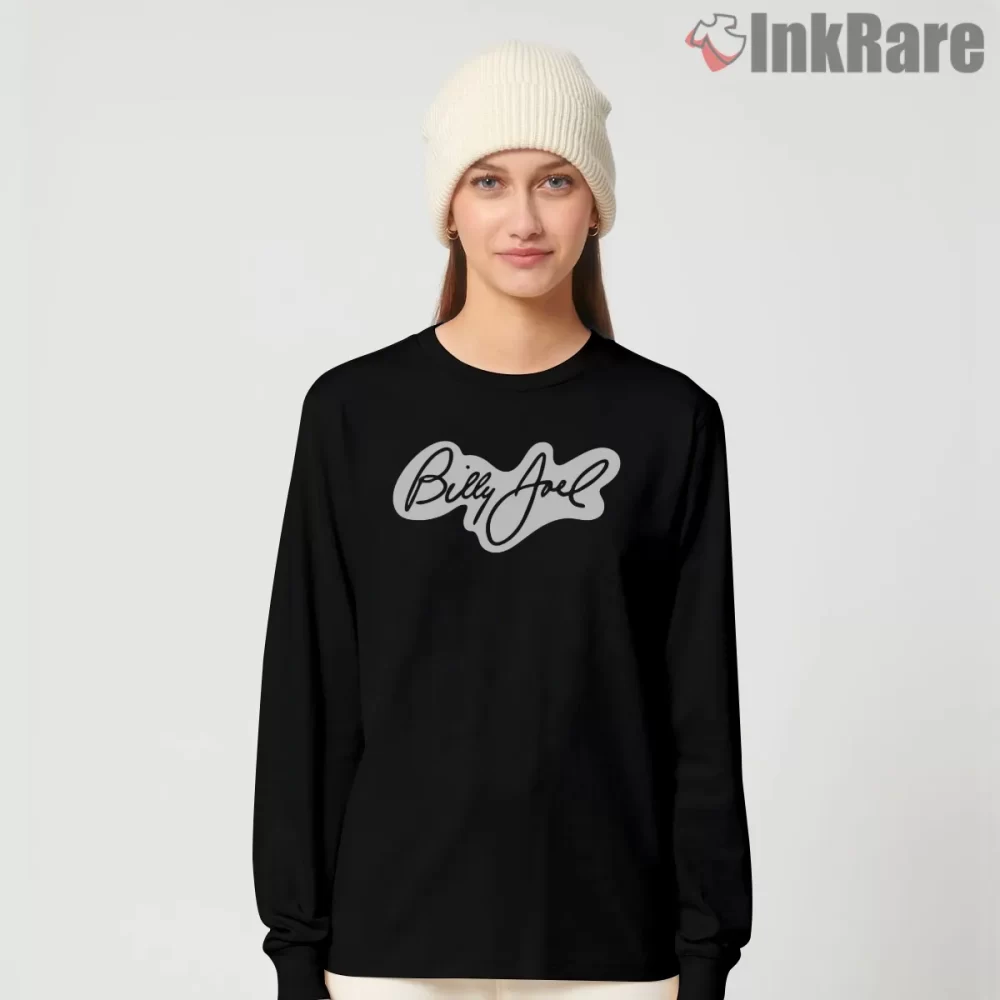 Billy Joel Clean Signature Script Shirt on black long sleeve shirt for women graphic tee