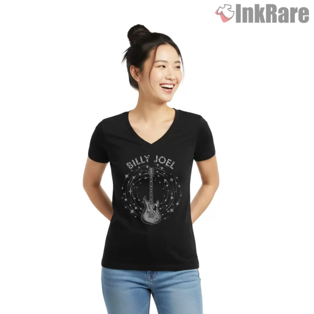 Billy Joel Cosmic Guitar Sparkle Orbit Shirt on black v-neck shirt for women graphic tee