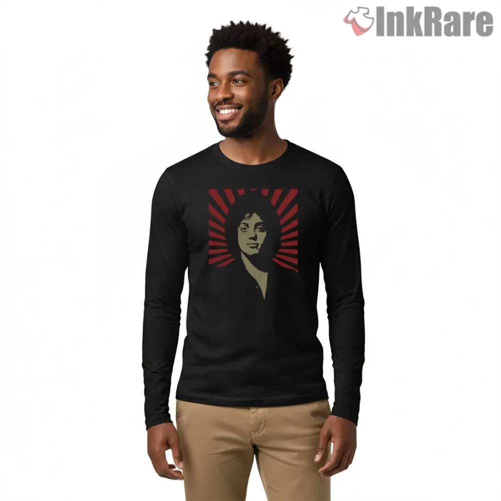 Billy Joel Crimson Rays Retro Fan Portrait Shirt on black long sleeve shirt for men graphic tee