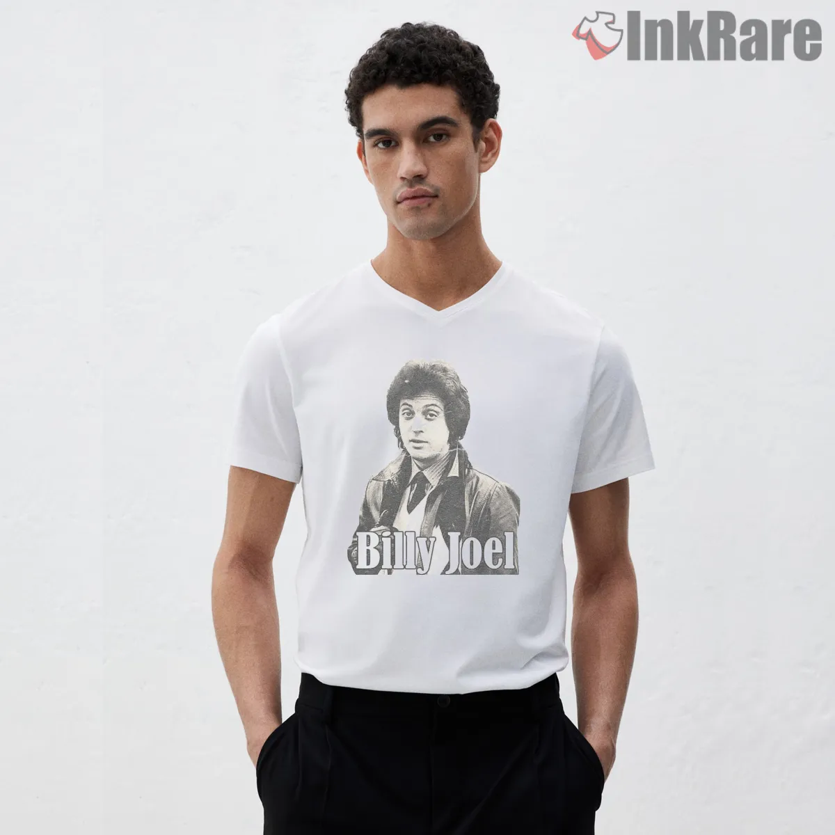 Billy Joel Distressed Portrait Grunge V Neck White Billy Joel Distressed Portrait Grunge Shirt on white v-neck shirt for men graphic tee