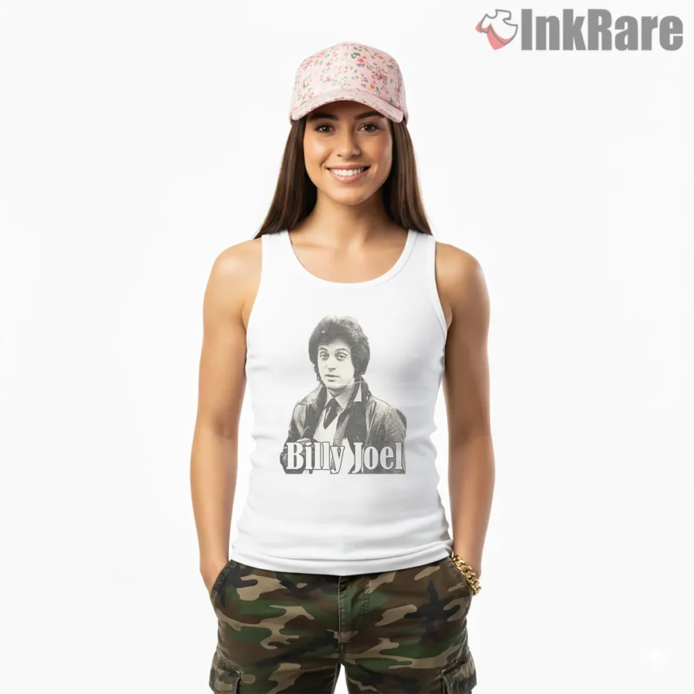 Billy Joel Distressed Portrait Grunge Shirt on white tank top for women graphic tee