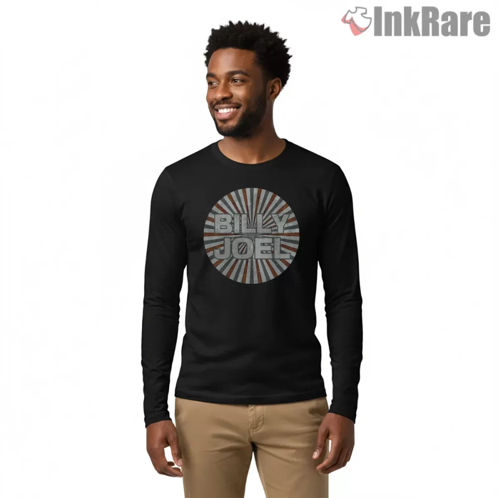 Billy Joel Distressed Sunburst Circle Badge Shirt on black long sleeve shirt for men graphic tee