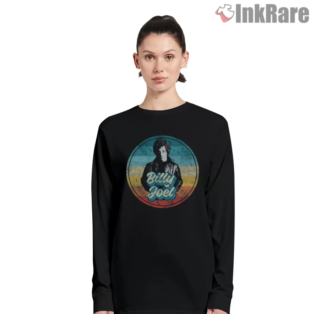 Billy Joel Distressed Sunset Circle Portrait Shirt on black long sleeve shirt for women graphic tee